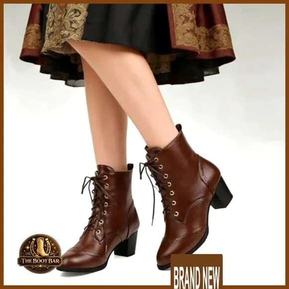 Chunky Heel Ankle Boots Lace Up Side Zip Dress Shoes Elegant Chic Retro - Picture 2 of 7